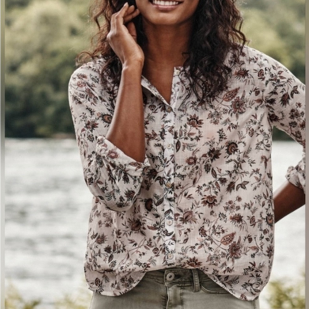 J. Jill white floral print long sleeve button down blouse size Large